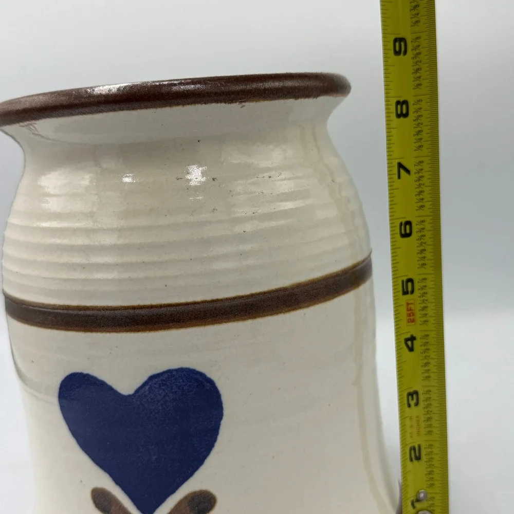 Handmade Stoneware Heart Crock Kitchen Utensil Holder Cream Blue Signed